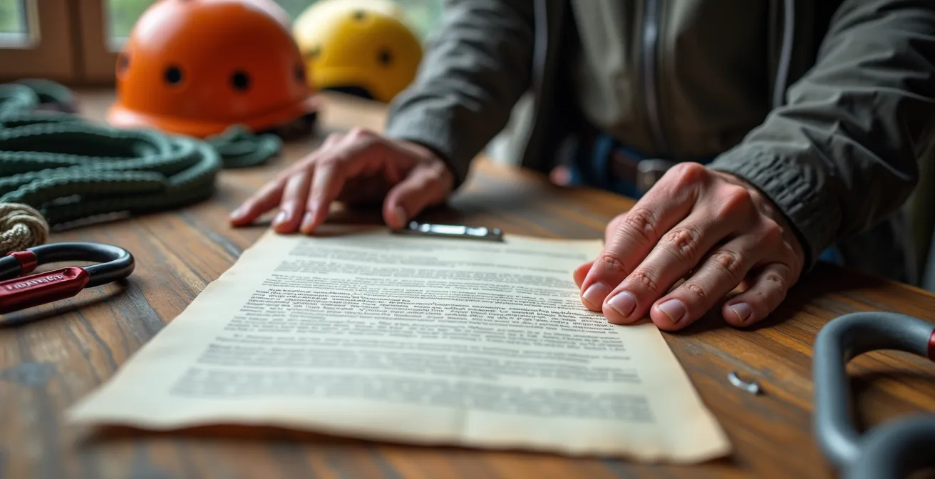 Close-up of hands holding a waiver document with mountain adventure equipment blurred in background