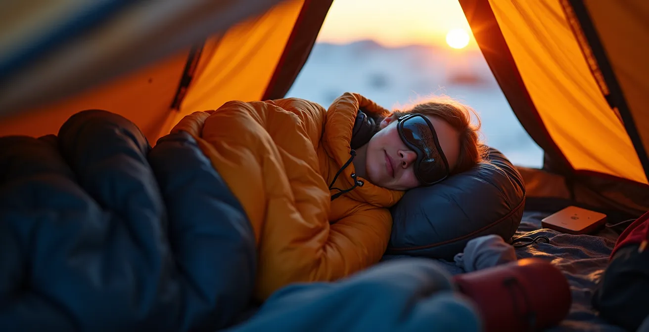 Interior view of Arctic tent with blackout setup during midnight sun