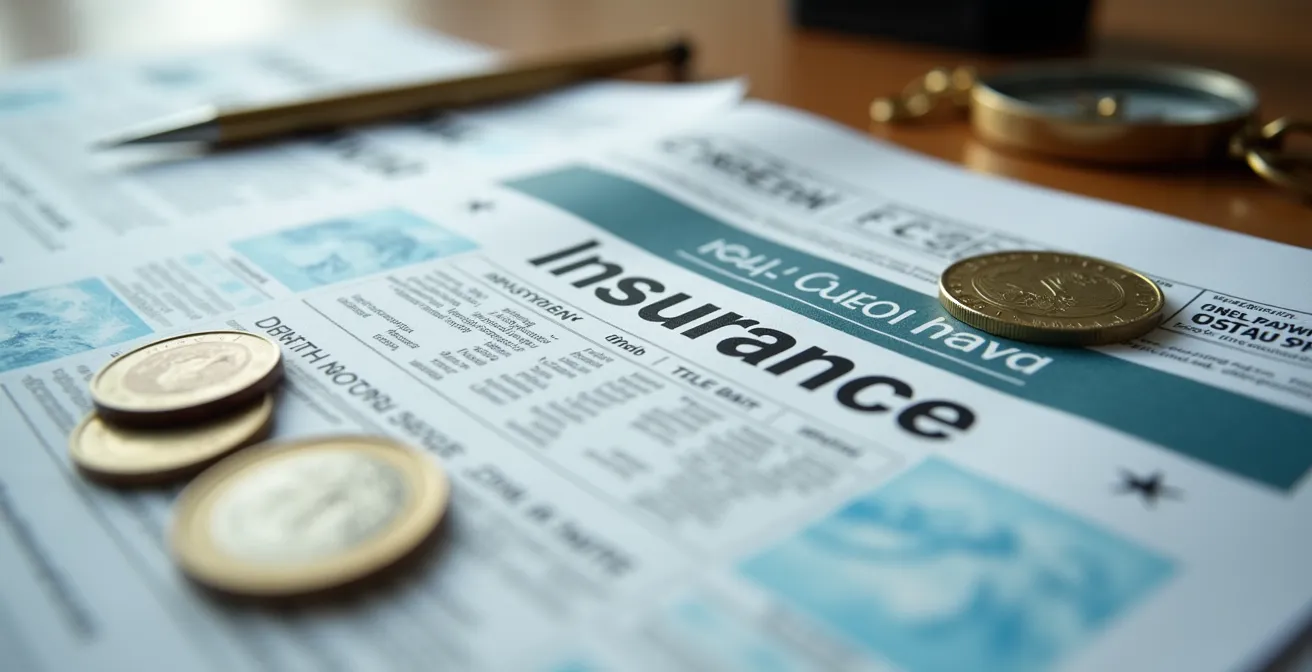 Macro shot of insurance policy pages with arctic expedition coverage highlights