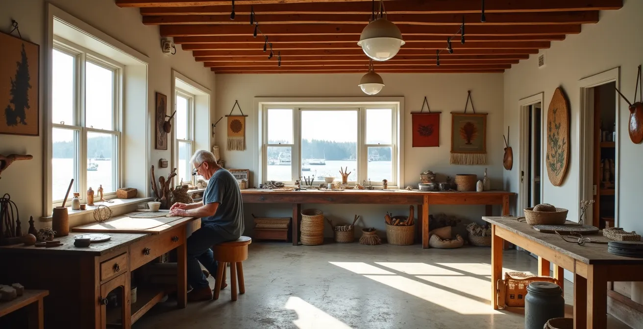Wide shot of traditional maritime craft workshop with artisan at work