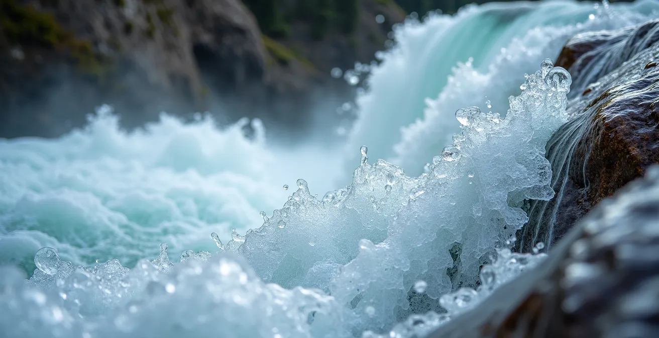 Athabasca Falls cascading through a rocky canyon during late afternoon golden light with mist rising