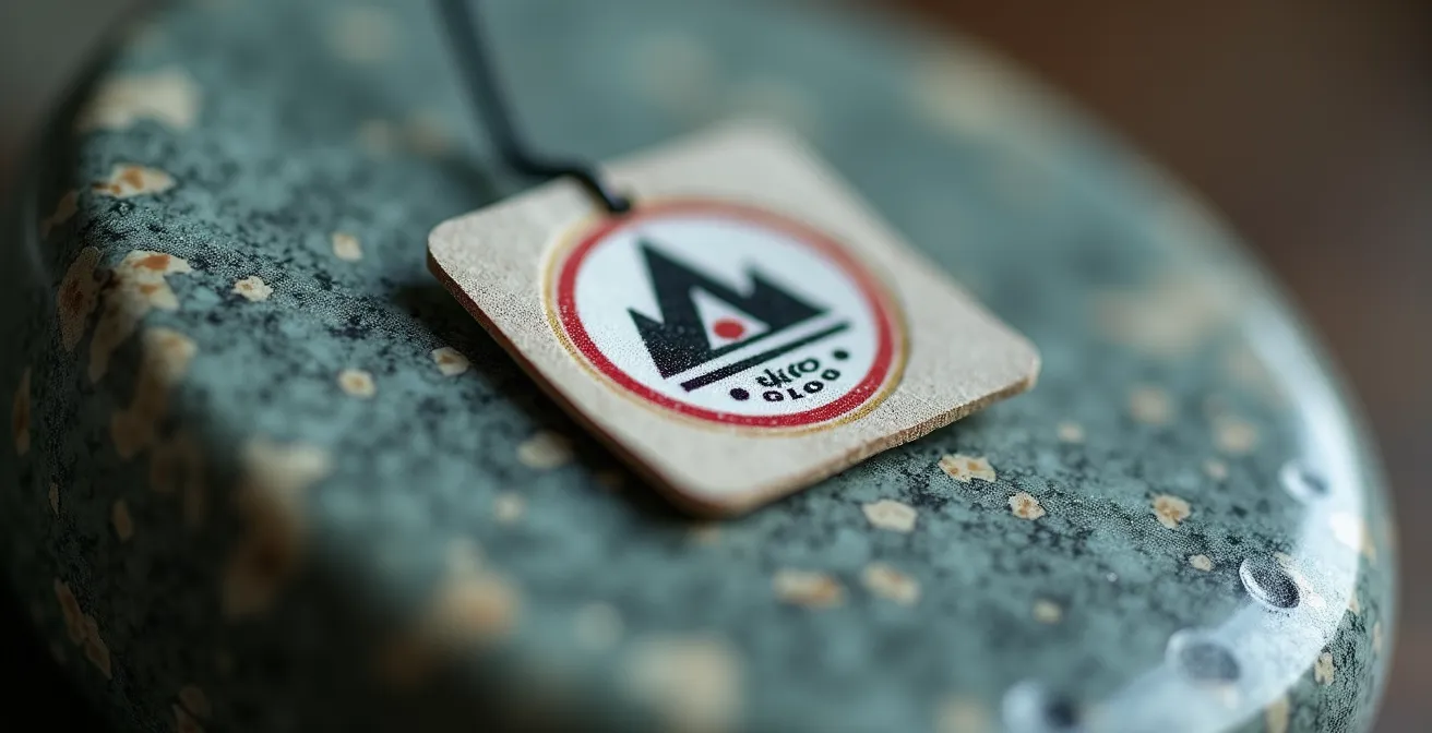 Macro detail of authentic Igloo Tag on Inuit soapstone sculpture