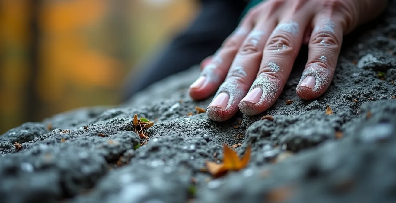 Close-up of climber's hand gripping dry granite in crisp September conditions