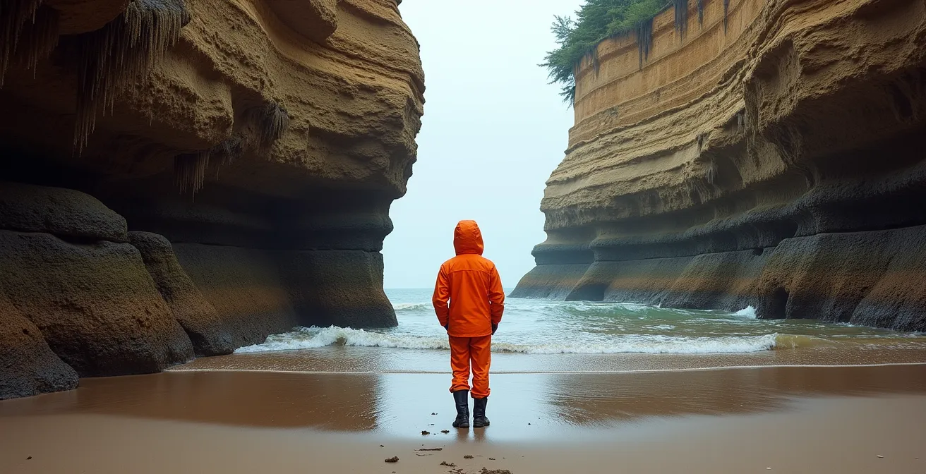 Human silhouette dwarfed by massive Bay of Fundy flowerpot rocks showing tidal range