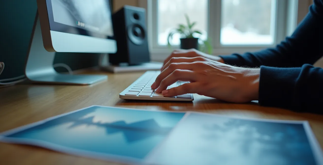Split screen showing blue-tinted snow photo before and correctly balanced after Lightroom adjustments