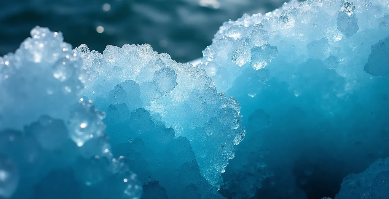 Dramatic underwater view of a blue iceberg showing compressed ice structure