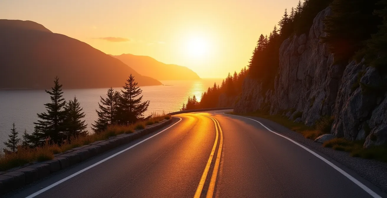 Golden hour sunset light illuminating the Cabot Trail's dramatic coastal curves with Atlantic Ocean views
