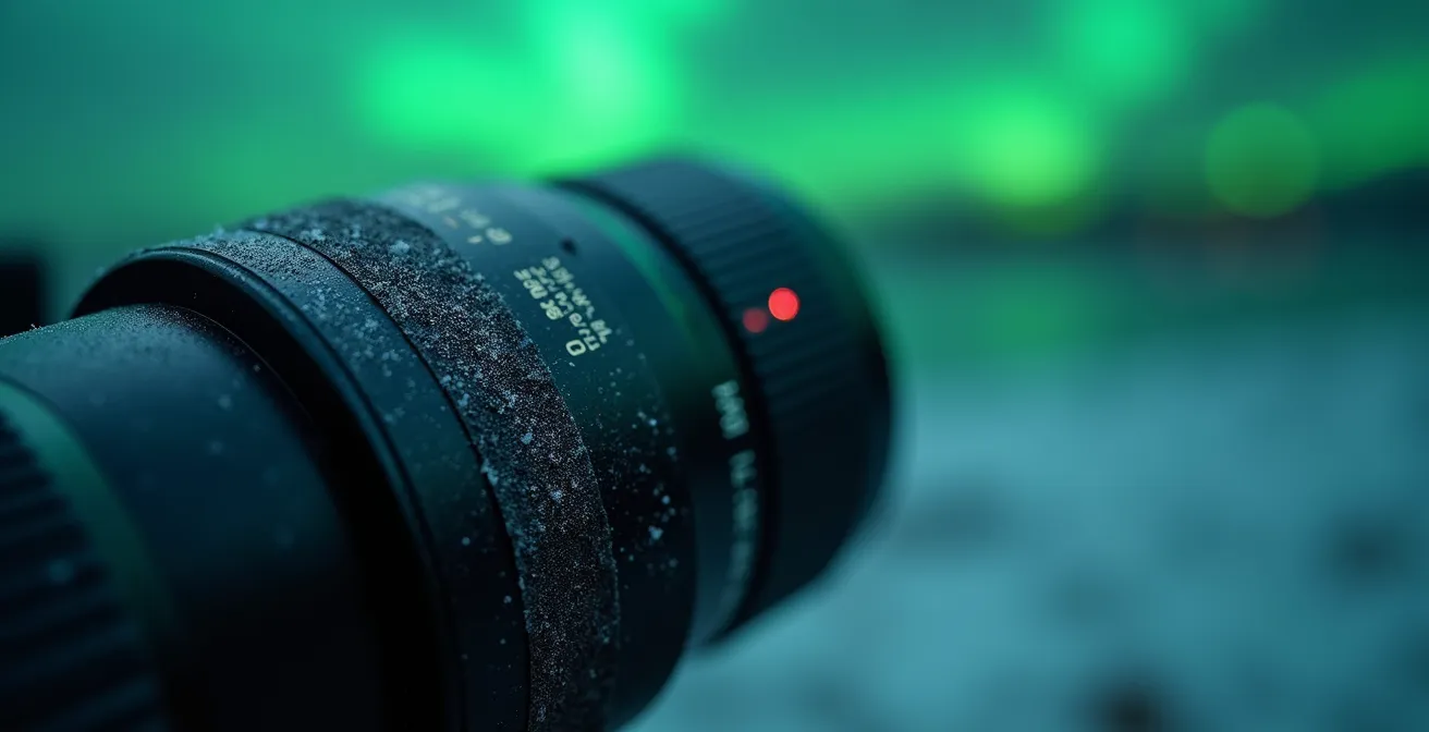 Close-up of camera lens with gaffer tape securing focus ring in arctic conditions
