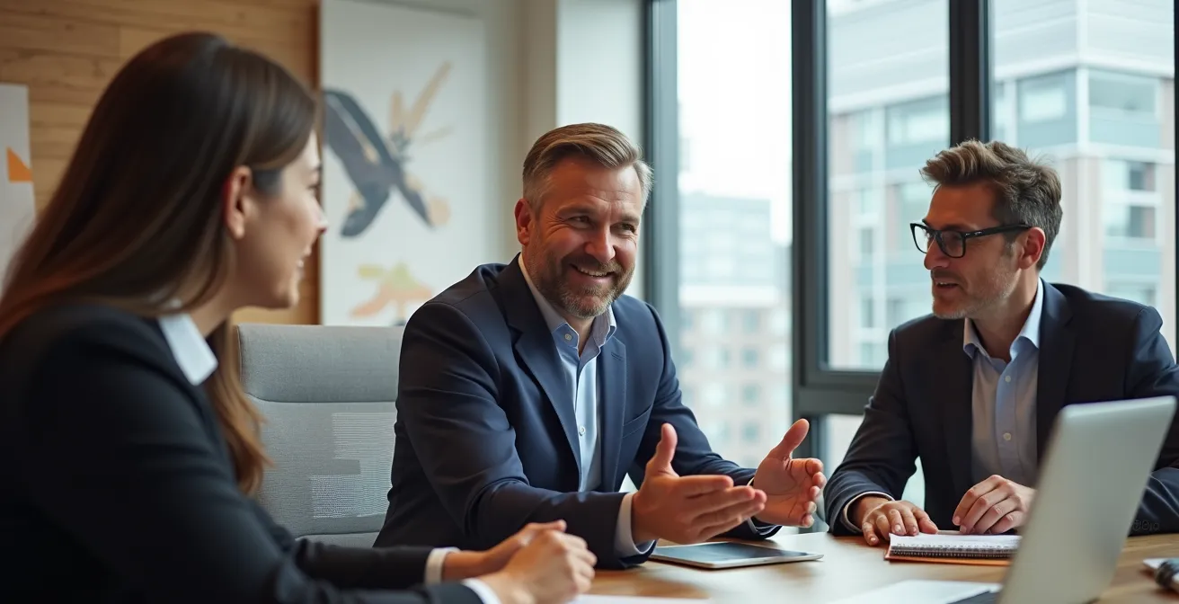 Office meeting room with diverse professionals engaged in constructive dialogue around conference table