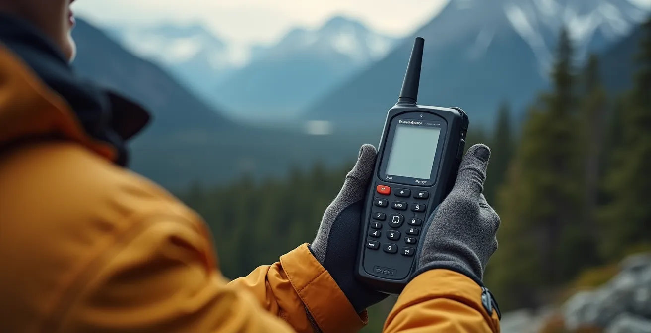 Macro shot of weathered hands holding a satellite communicator device against a blurred Canadian mountain backdrop