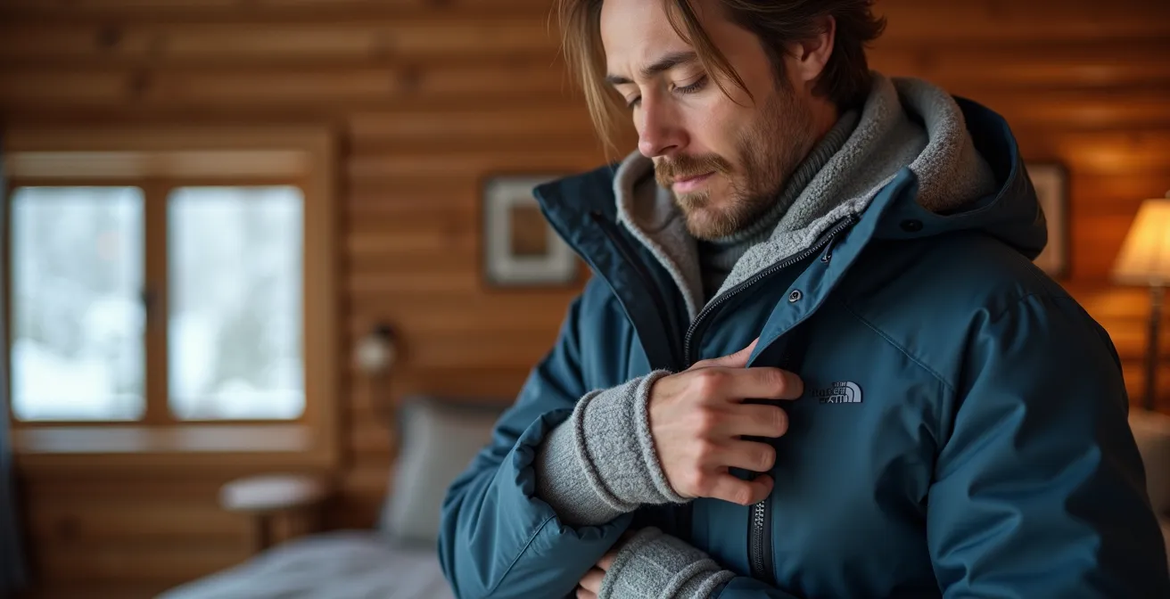 Person demonstrating proper winter layering technique with visible thermal layers