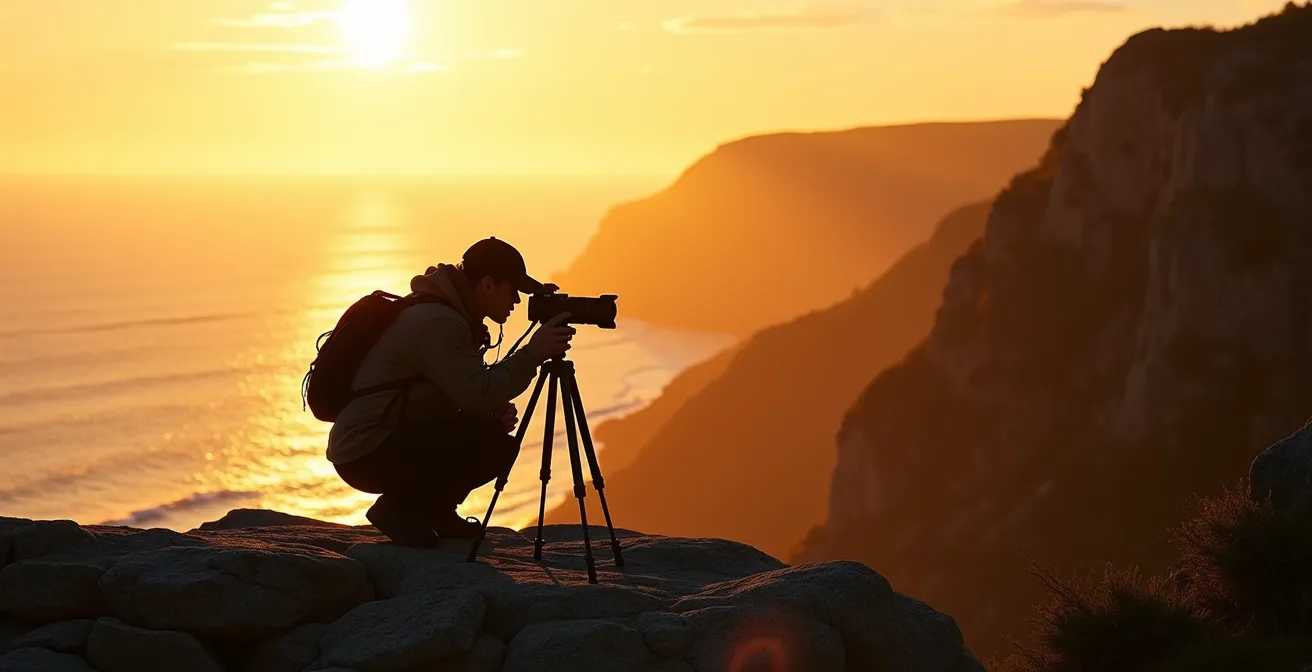 Photographer capturing golden hour light on the Chéticamp side of Cabot Trail with dramatic cliff shadows