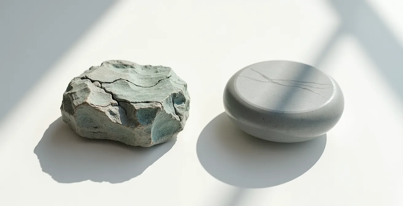 Side-by-side comparison of authentic soapstone and fake resin carving materials