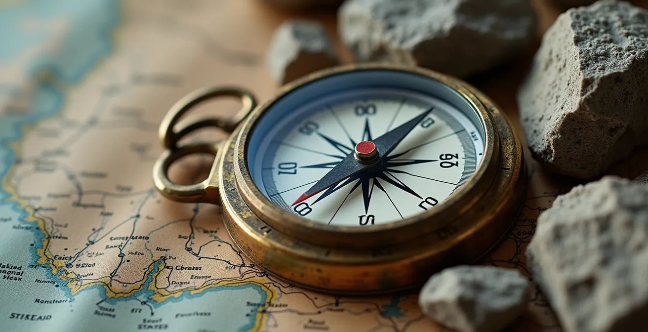 Macro shot of compass on topographical map with Canadian Shield granite