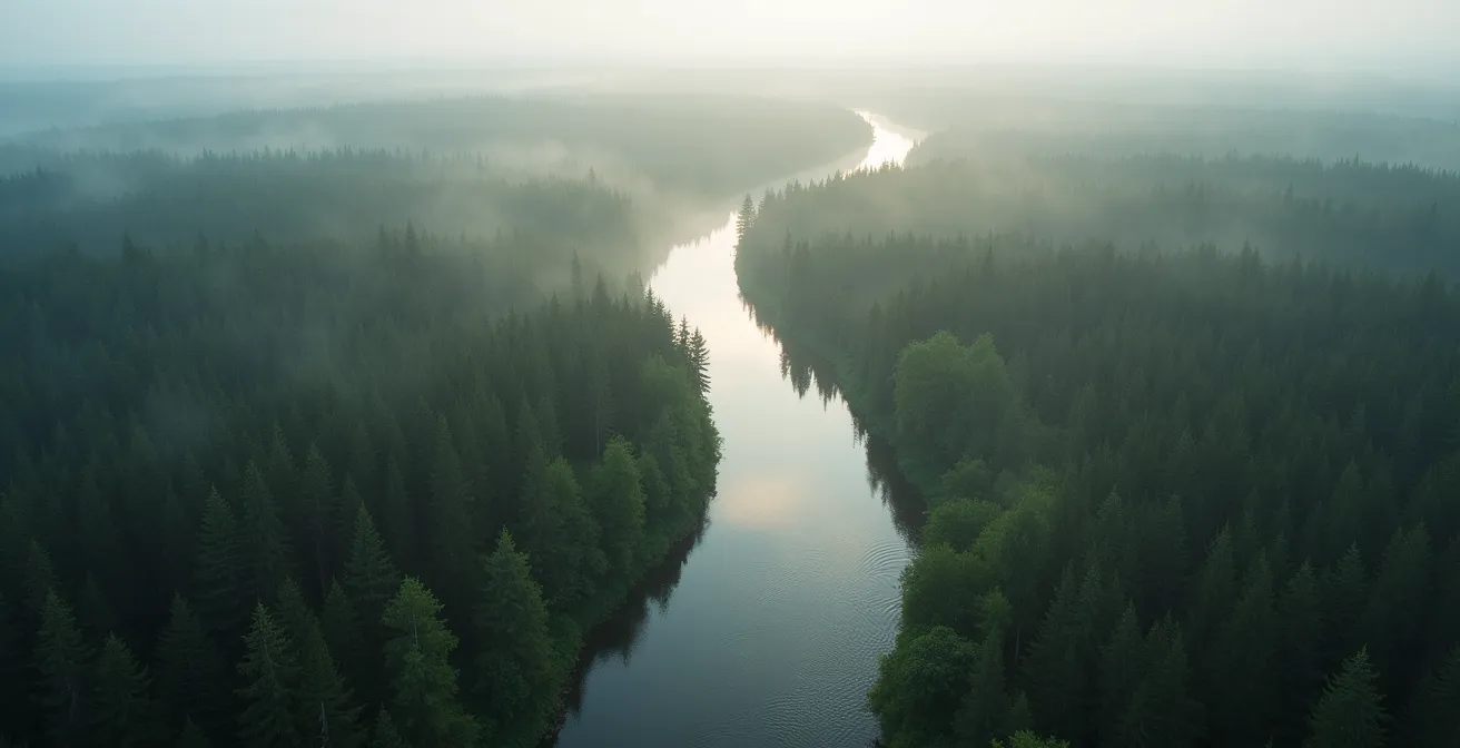 Aerial view of a protected forest corridor connecting two conservation areas, a result of land trust work in Canada.