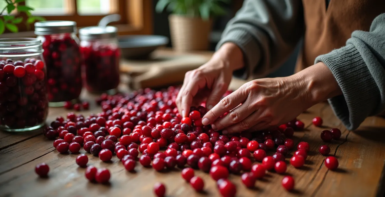 Hands sorting fresh cranberries with drying racks and preserving jars in soft focus background