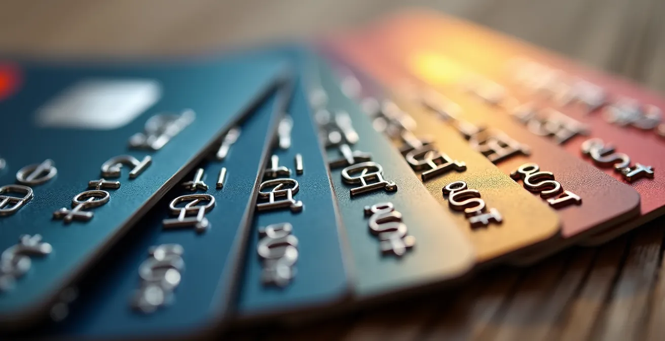 Close-up macro shot of credit cards with blurred ski resort background