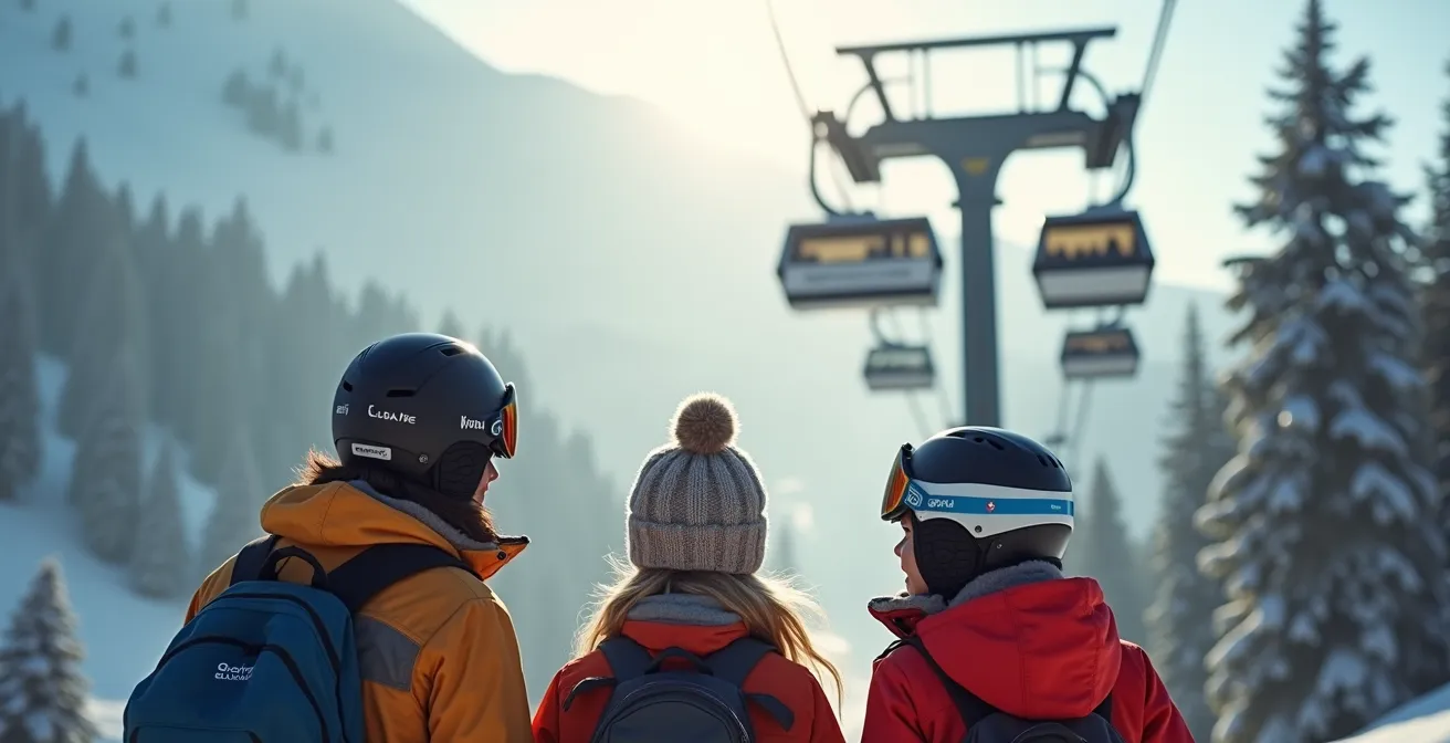 Early morning view of Creekside gondola base with minimal crowds and mountain backdrop