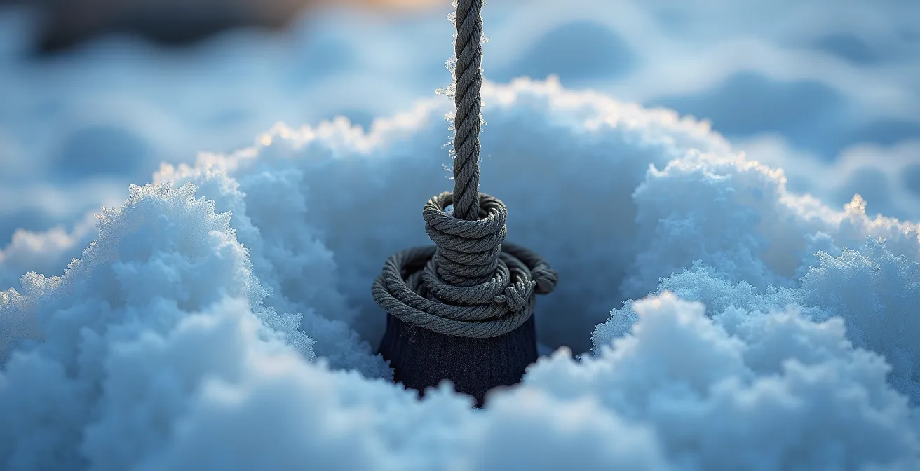Close-up of deadman anchor system using stuff sacks filled with snow