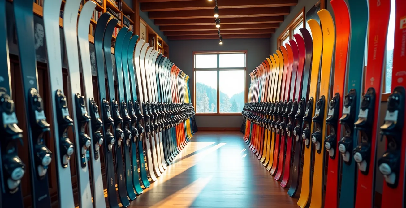 Wide angle view of ski shop interior with rows of demo skis