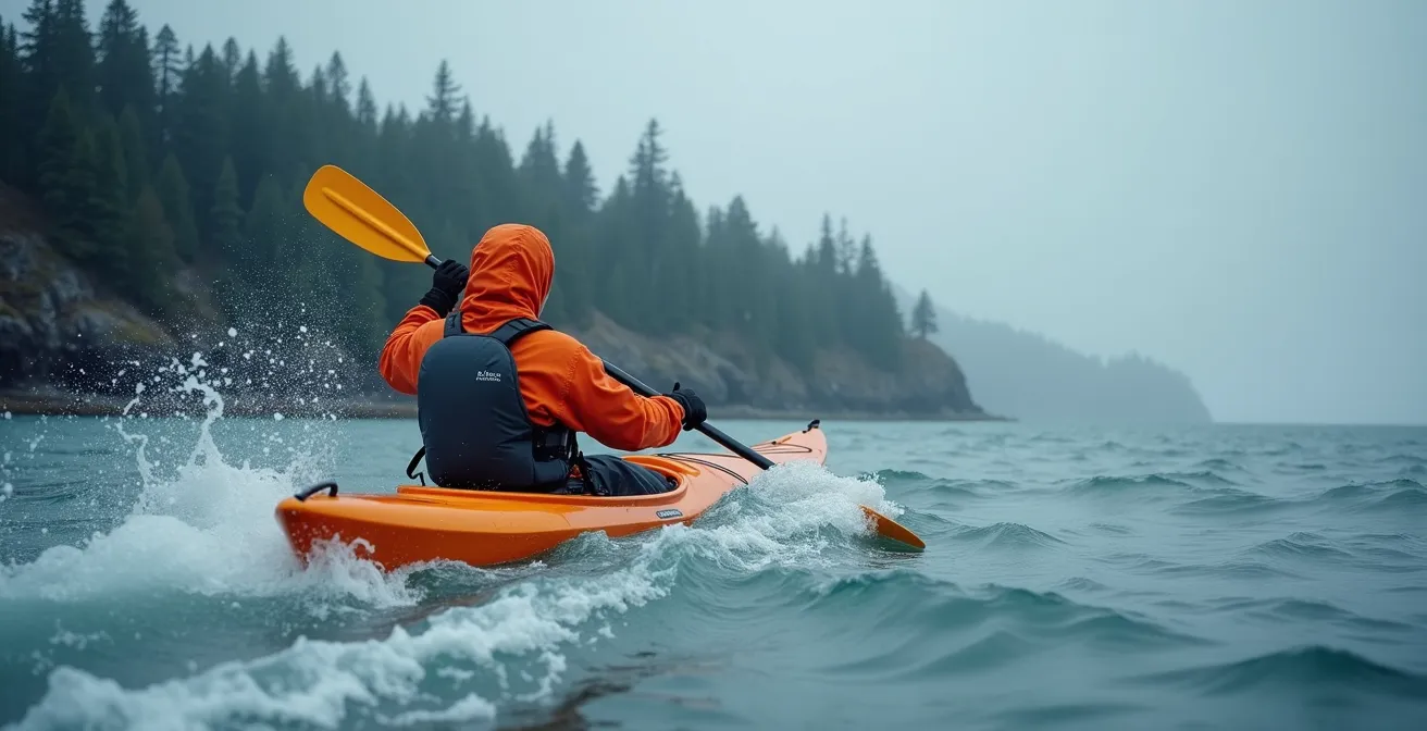 Kayaker wearing full drysuit paddling in cold Pacific waters with forested coastline