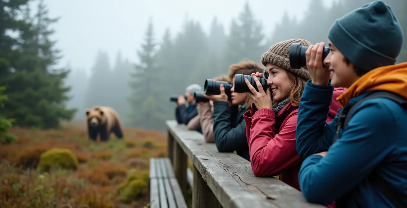 Small group of tourists observing grizzly bear from safe distance in Great Bear Rainforest
