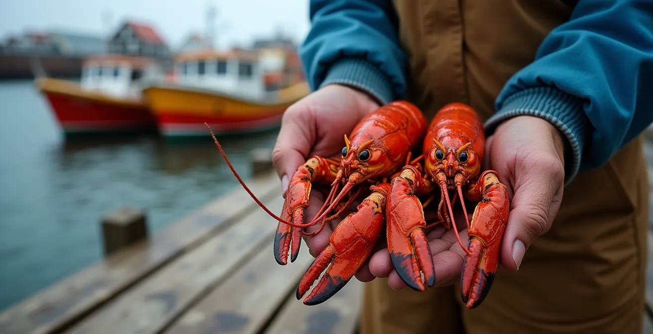 Fishermen sorting fresh lobsters at a rustic Maritime wharf with wooden traps and ocean backdrop