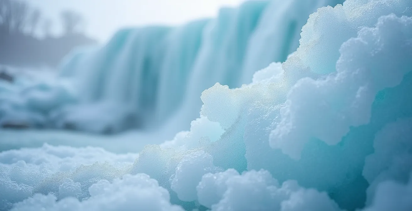 Ice formations and frozen mist creating a natural ice bridge at the base of Niagara Falls in winter