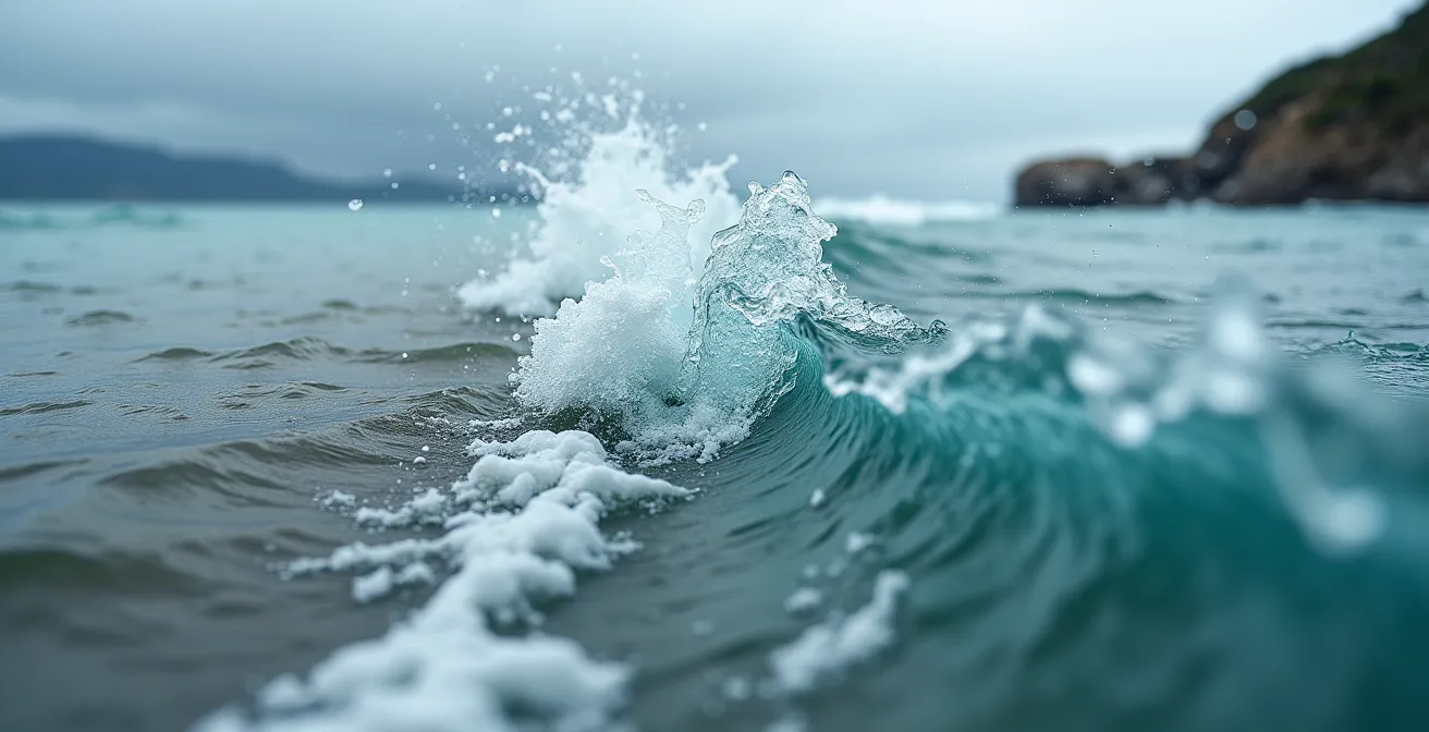 Macro view of turbulent water showing the meeting of two distinct water masses with different temperatures