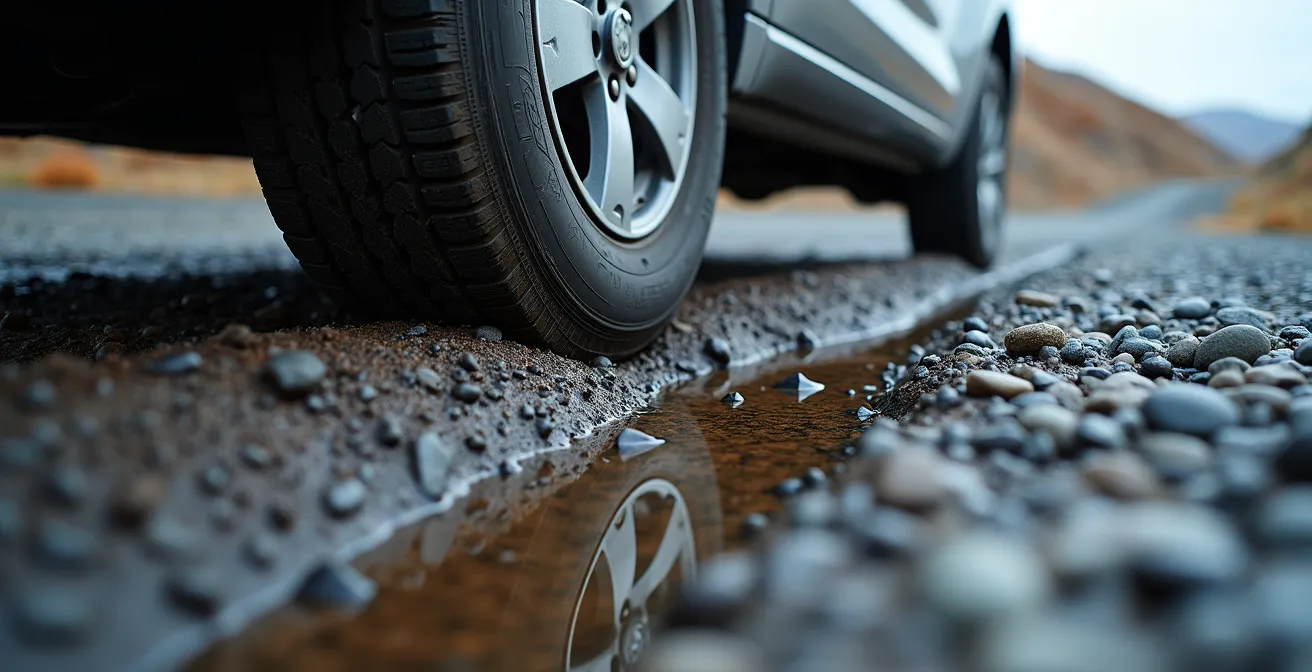 Close-up view of a vehicle's undercarriage clearing deep ruts on a damaged gravel road in autumn