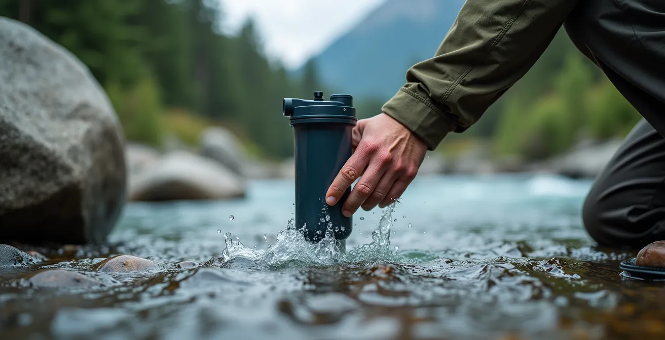 Hiker filtering water from glacial stream with portable water filter in Canadian mountain setting
