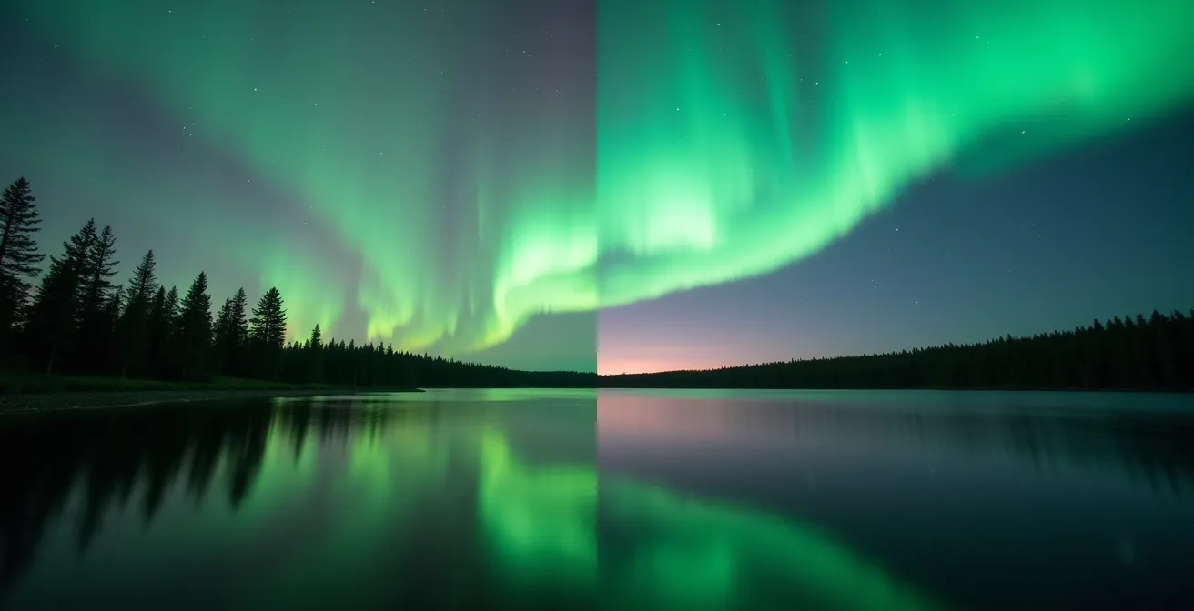 Split scene showing muted aurora view to naked eye versus vibrant camera capture