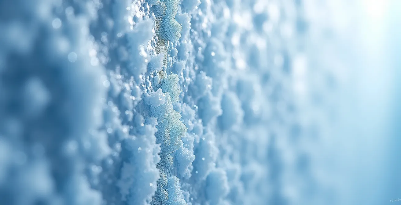 Extreme close-up of pristine ice crystal formations in Quebec Ice Hotel walls