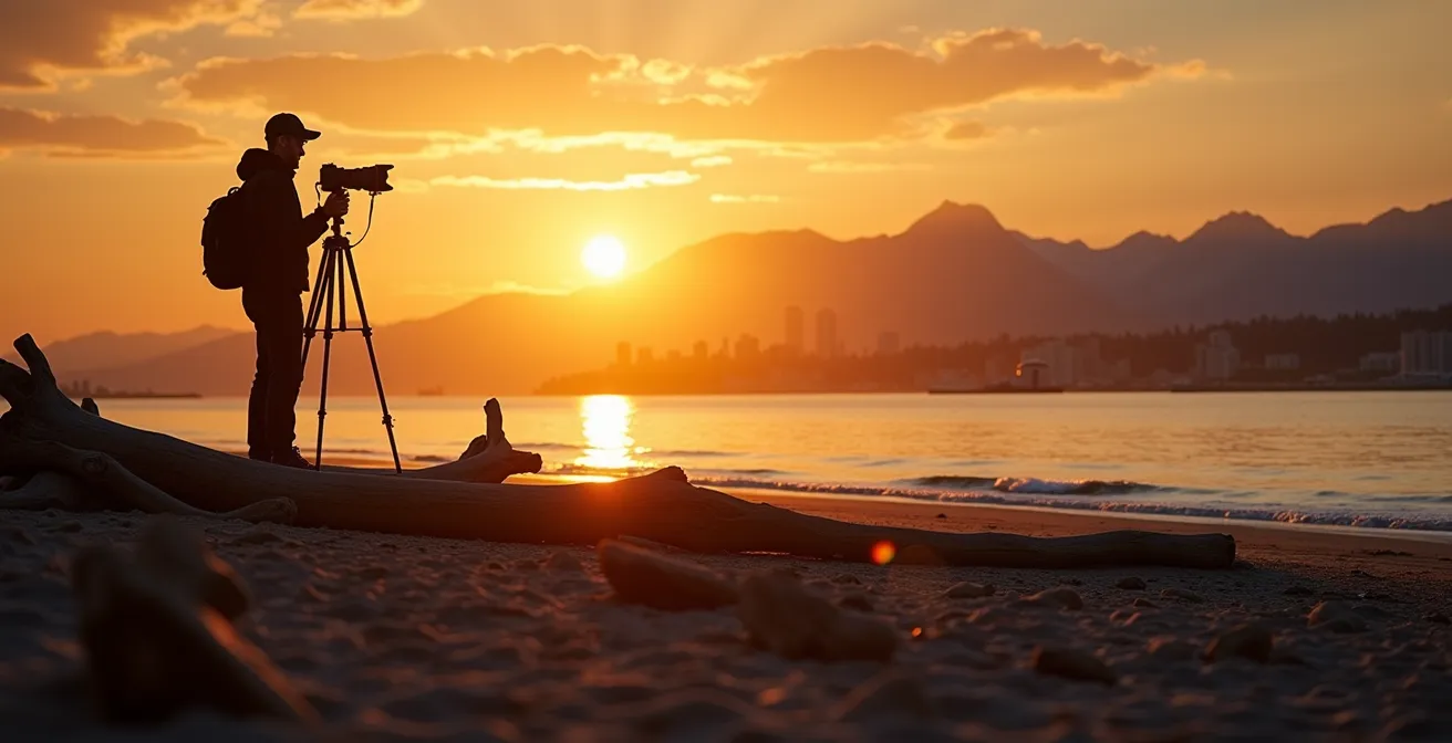 Golden hour sunset view of North Shore Mountains from Jericho Beach