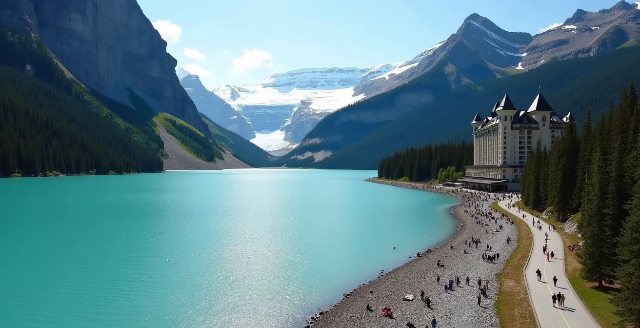 Aerial perspective of Lake Louise shoreline trail showing contrast between crowded pathway and serene mountain backdrop