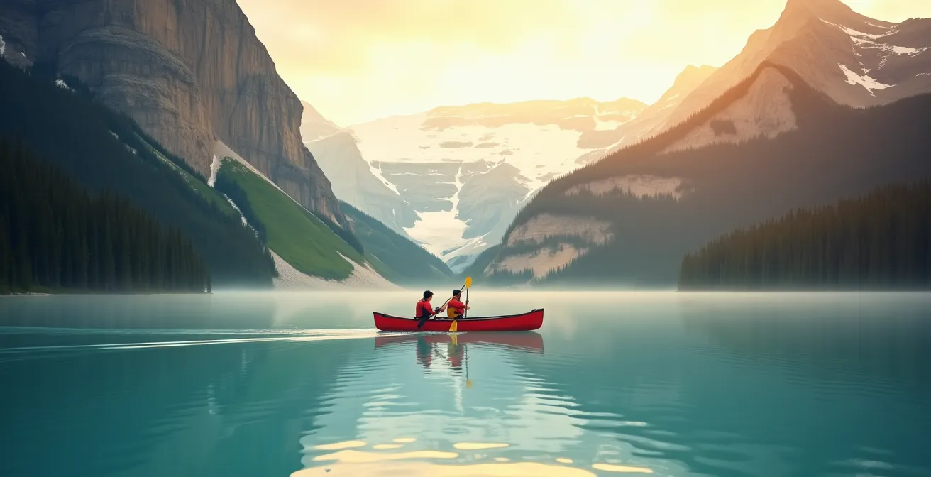 Early morning at Lake Louise with canoe and mountain reflections in turquoise water