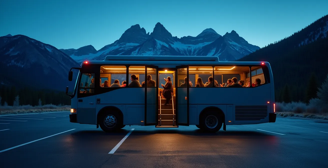 Early morning scene of tourists boarding comfortable tour bus at Lake Louise Park and Ride