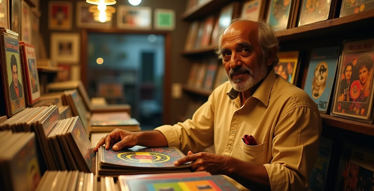 Nostalgic atmosphere of Toronto's Little India with vintage Bollywood cultural elements