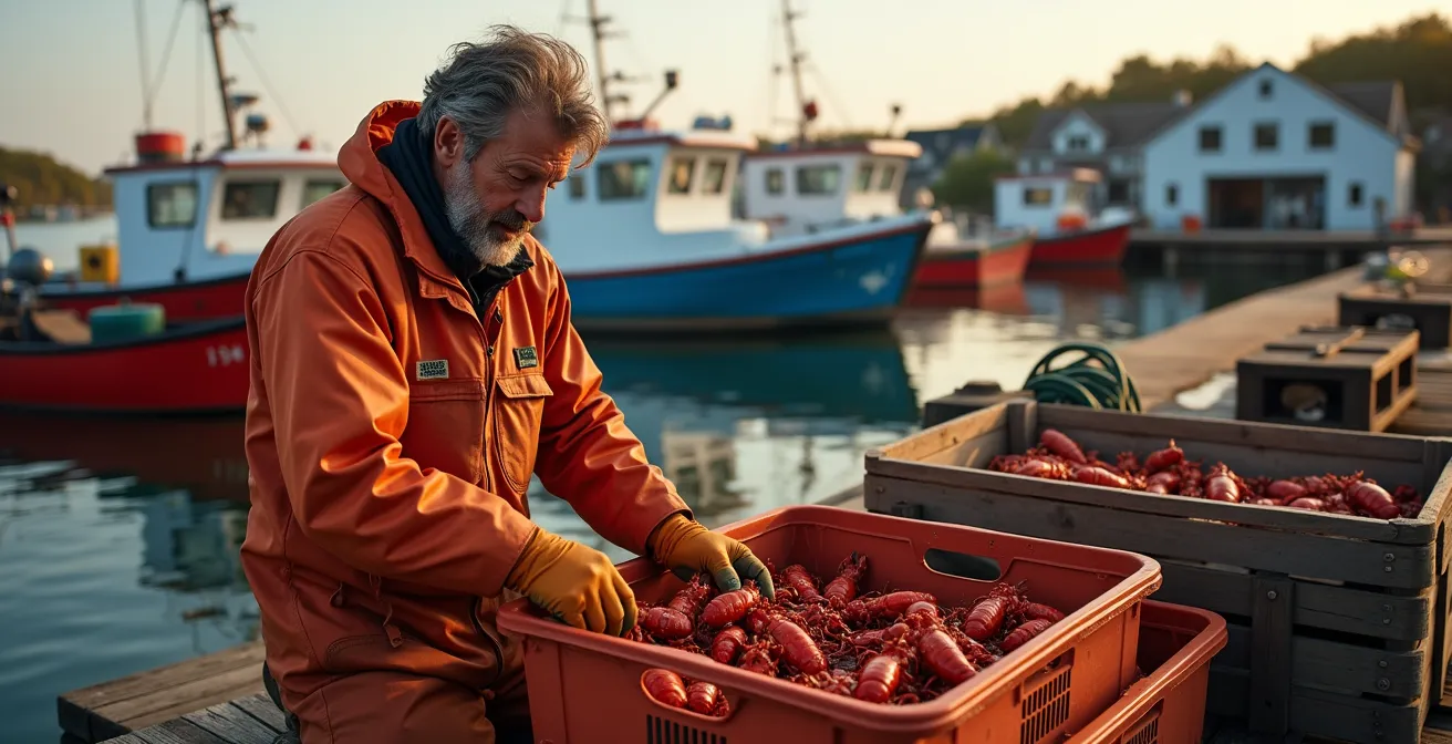 Maritime Canadian fishing wharf with colorful lobster boats and stacked traps at golden hour