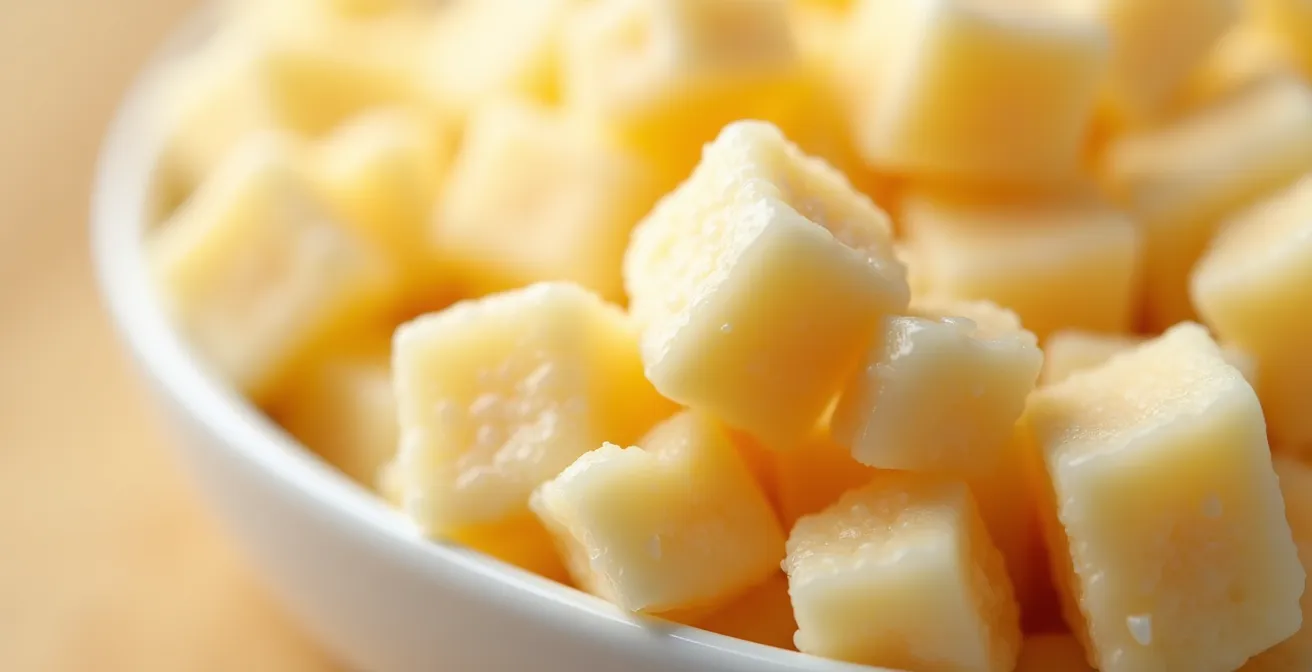 Extreme close-up of fresh white cheese curds showing their characteristic squeaky texture and protein structure