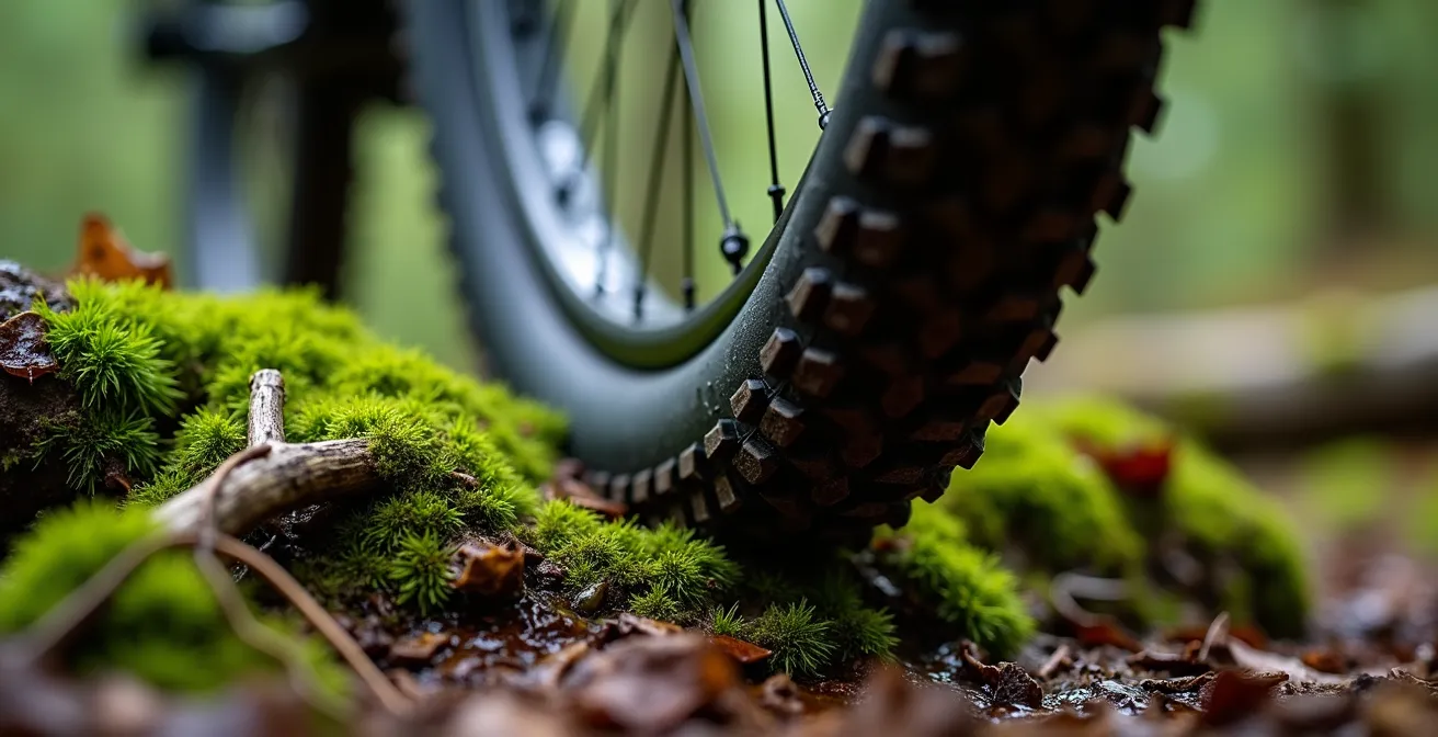 Extreme close-up of mountain bike tire tread gripping wet root surface