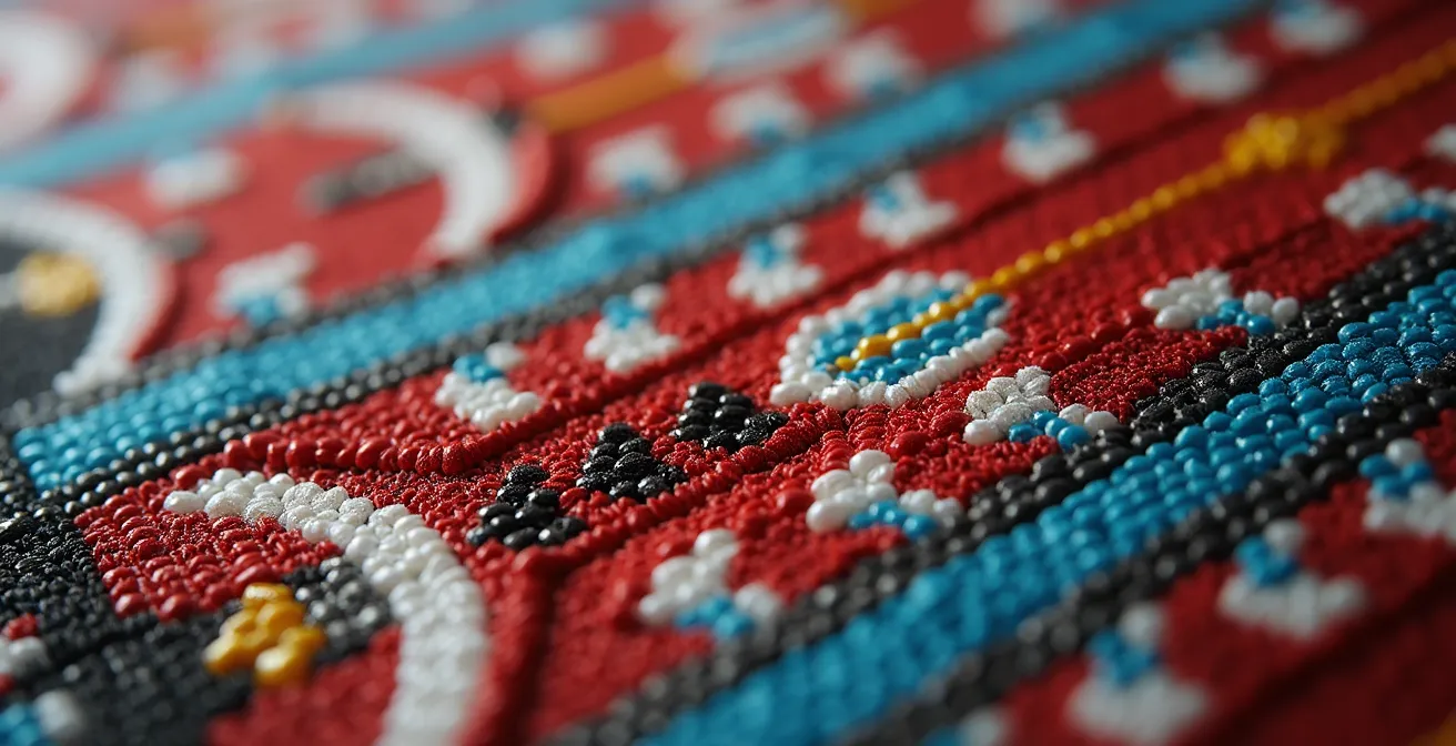 Extreme close-up of intricate beadwork patterns on traditional Indigenous regalia