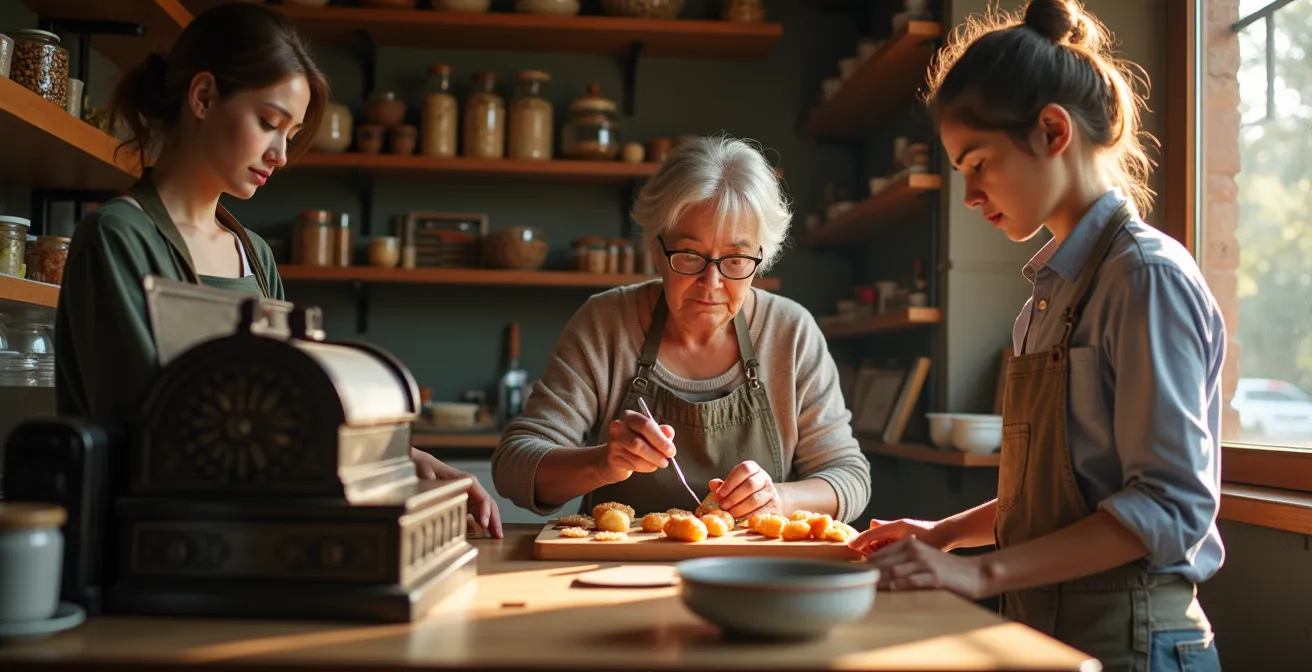 Multi-generational family working together in a traditional Montreal neighbourhood shop