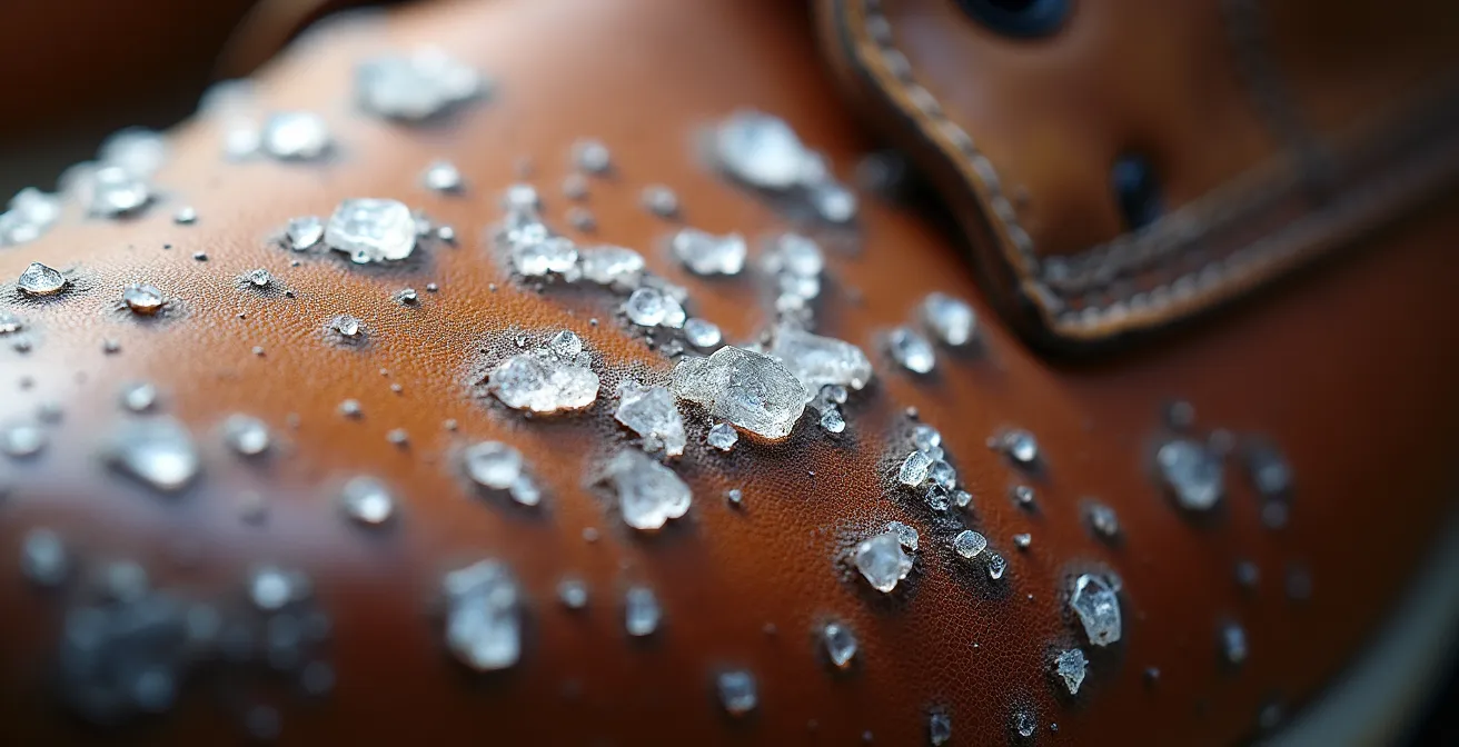 Extreme close-up of leather boot surface showing salt residue patterns and texture