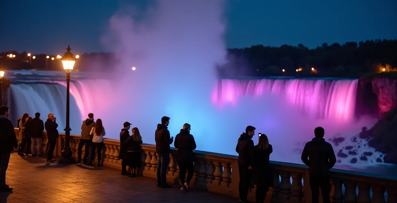 Evening view of illuminated Niagara Falls with silhouettes of visitors spread along viewing platforms