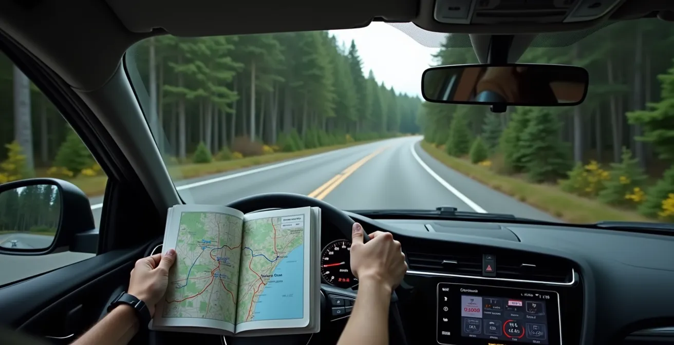 Aerial perspective showing the difference between Highway 11 and Highway 17 routes through Northern Ontario