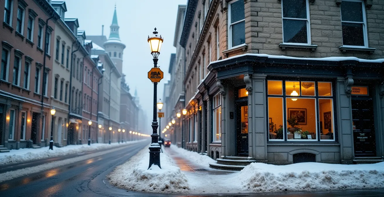 Historic stone corner in Old Montreal with snow-covered ground and period lampposts