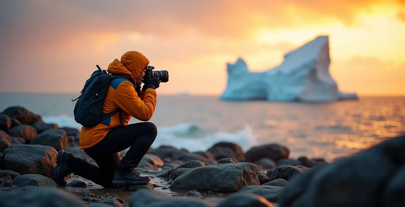 Photographer with professional camera capturing iceberg at sunset from rocky coastline