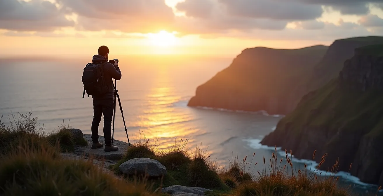 Lone photographer with tripod on unmarked clifftop overlooking Atlantic coast at sunrise