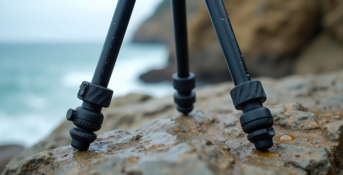 Close-up macro shot of tripod legs positioned safely on rocky terrain with weight distribution visible